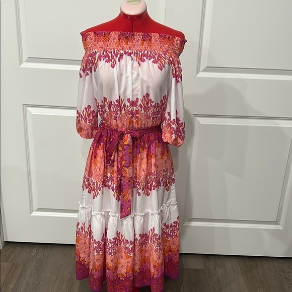 Maison Tara Pink Magenta White Off-Shoulder Vacation Floral Midi Dress Size 6 - Picture 1 of 8